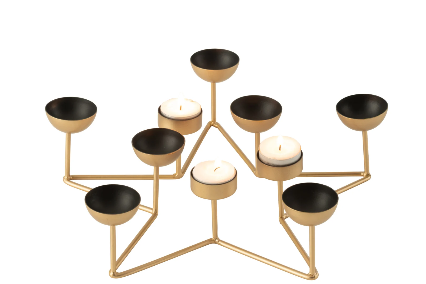 Theelichthouder Ster Metaal Zwart/Goud is een goud- en zwartmetalen kandelaar met negen ronde houders in een stervormig geometrisch patroon, waarvan drie met brandende waxinelichtjes.