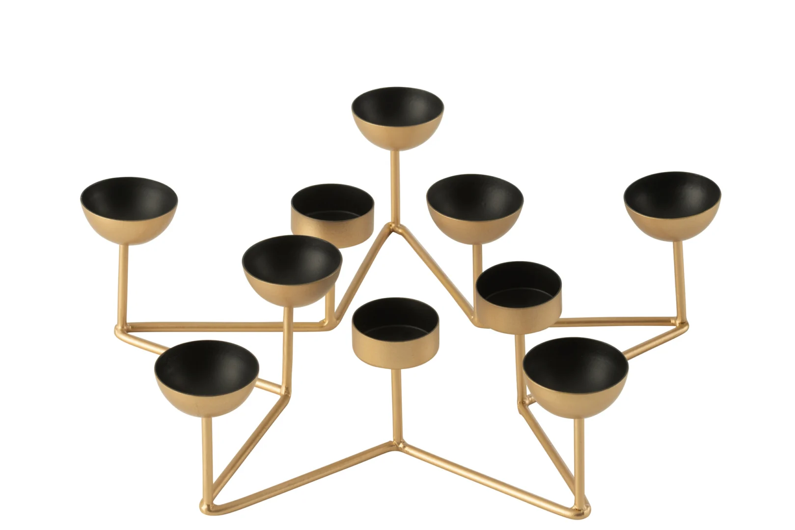 Theelichthouder Ster Metaal Zwart/Goud is een moderne kandelaar van goud en zwart metaal met negen ronde houders, gerangschikt op een stijlvolle geometrische stervormige basis.