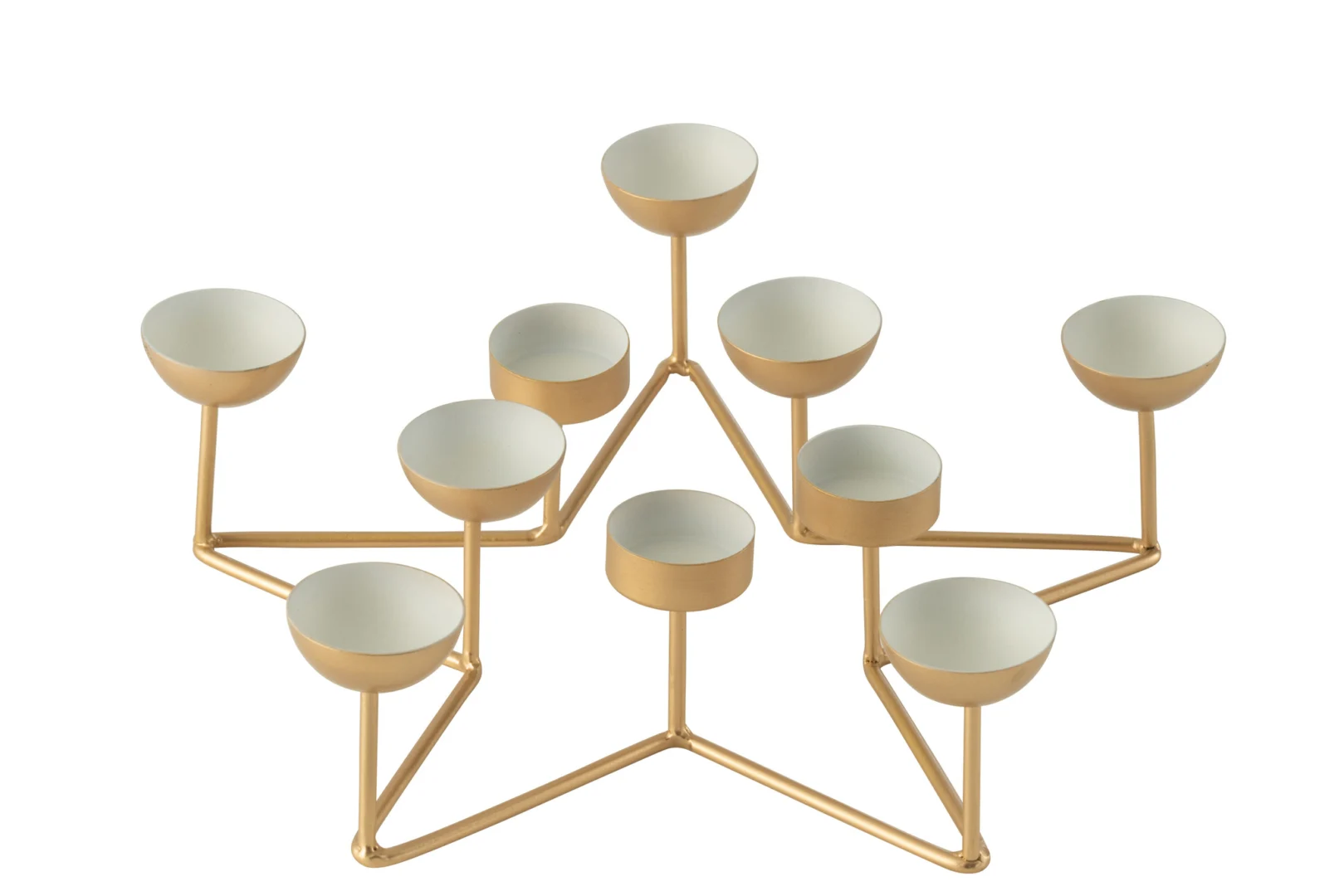 Theelichthouder Ster Metaal Wit/Goud: Een moderne, goudkleurige metalen kandelaar met een geometrisch sterdesign. De negen symmetrische ronde houders zijn wit van binnen en goud van buiten en staan op slanke stelen voor een stijlvolle look.
