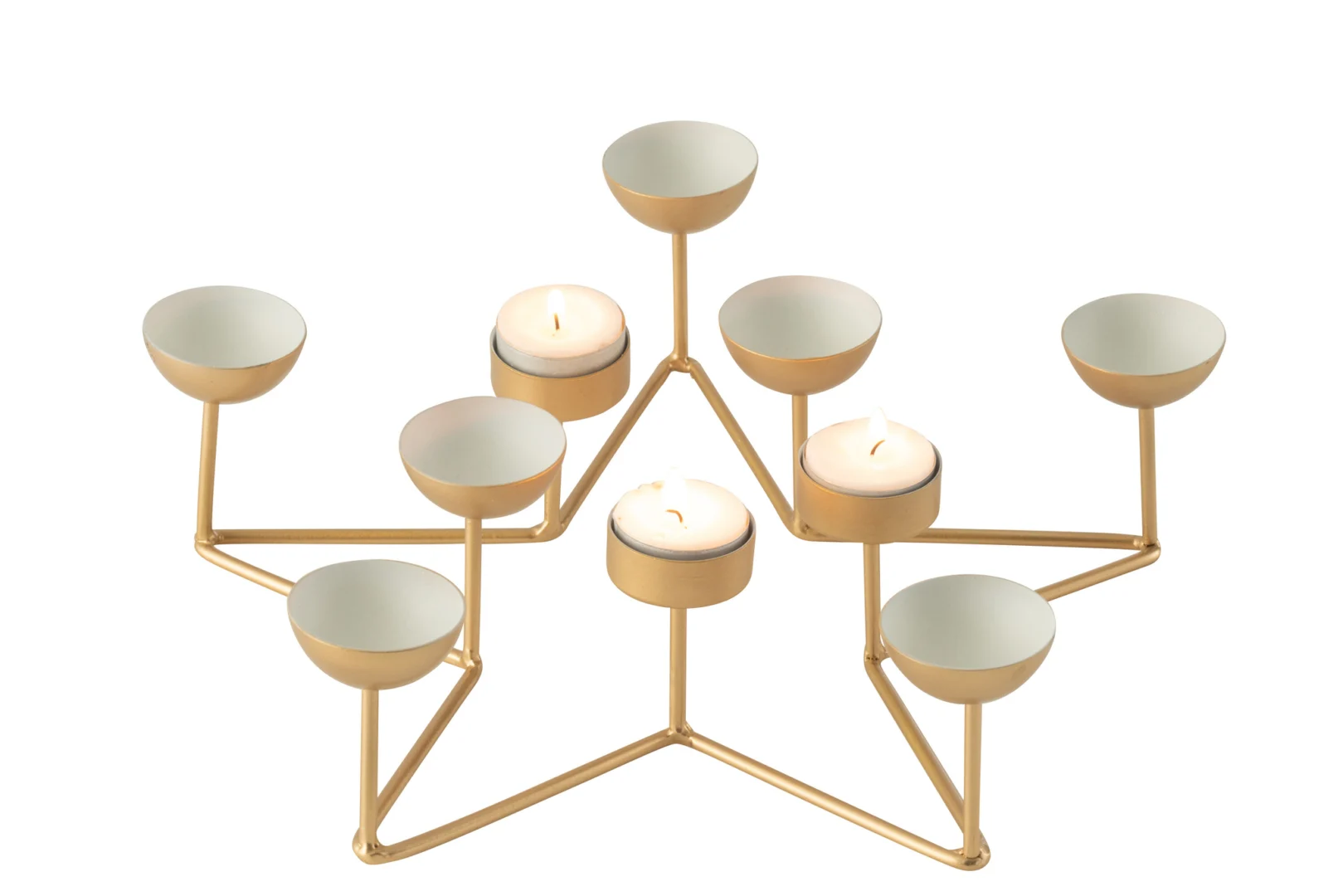 De Theelichthouder Ster Metaal Wit/Goud is een goudkleurige en wit metalen menora met een modern geometrisch ontwerp, voorzien van negen kaarsenhouders, waarvan drie met brandende waxinelichtjes. De menora is afgebeeld tegen een witte achtergrond.