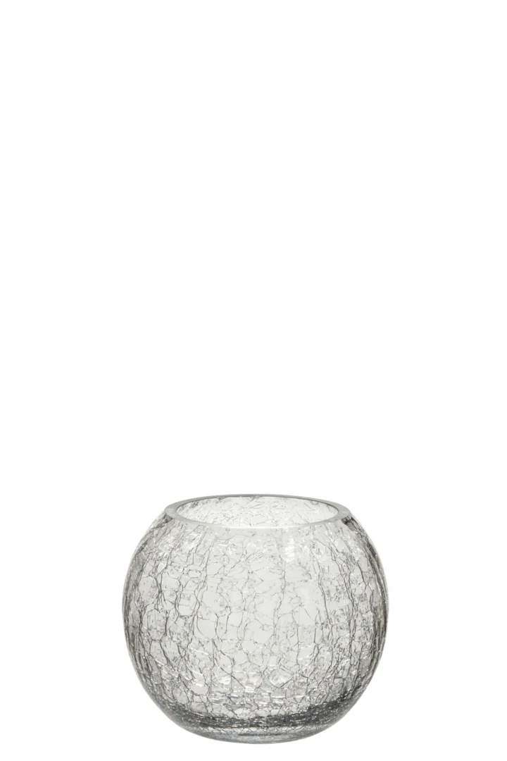 De Kaarsenhouder Orkaanbal Glas Knisper Transparant Klein is een kleine, ronde glazen kaarsenhouder met een gebarsten textuur, afgebeeld tegen een effen witte achtergrond.