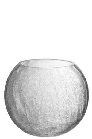 De Orkaan Bal Kraakglas Lichtroze is een ronde, lichtroze vaas van craqueléglas met een brede opening, afgebeeld tegen een effen witte achtergrond.