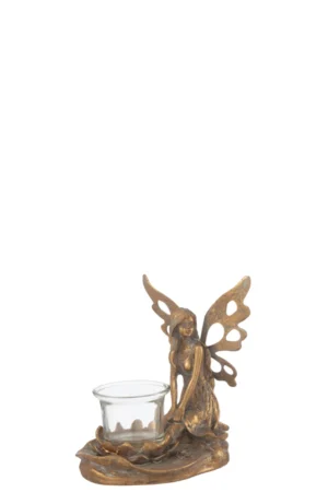De Kaarsenhouder Vidia Metaal Goud Klein heeft een goudkleurig elfenbeeldje met vleugels dat knielt naast een kleine glazen votiefhouder op een decoratieve basis.