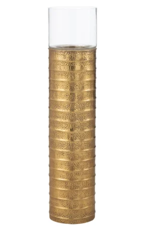 De Kaarsenhouder Pilaar Metaal Goud Groot is een hoge, cilindervormige kandelaar met een helder glazen bovenkant en een goudkleurige metalen voet met horizontale ribbels.