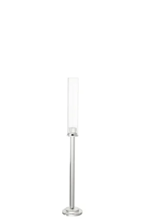 De Kaarsenhouder Moira Glas Transparant Klein is een moderne zilveren kandelaar met een cilindrische glazen kap op een ronde basis, afgebeeld tegen een effen witte achtergrond.
