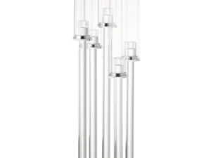 De Kaarsenhouder 5 Dun Glas Transparant is een modern decoratief object met meerdere hoge, heldere cilindrische glazen buizen van verschillende hoogtes die rechtop staan op een ronde transparante basis.