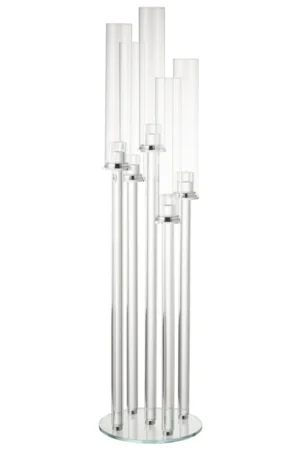 De Kaarsenhouder 5 Dun Glas Transparant is een modern decoratief object met meerdere hoge, heldere cilindrische glazen buizen van verschillende hoogtes die rechtop staan op een ronde transparante basis.