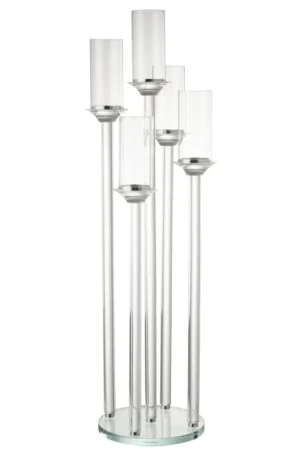 De Kaarsenhouder 5 Groot Glas Transparant is een moderne glazen kandelaar met vijf hoge, heldere cilindrische houders van verschillende hoogtes op een ronde transparante voet.