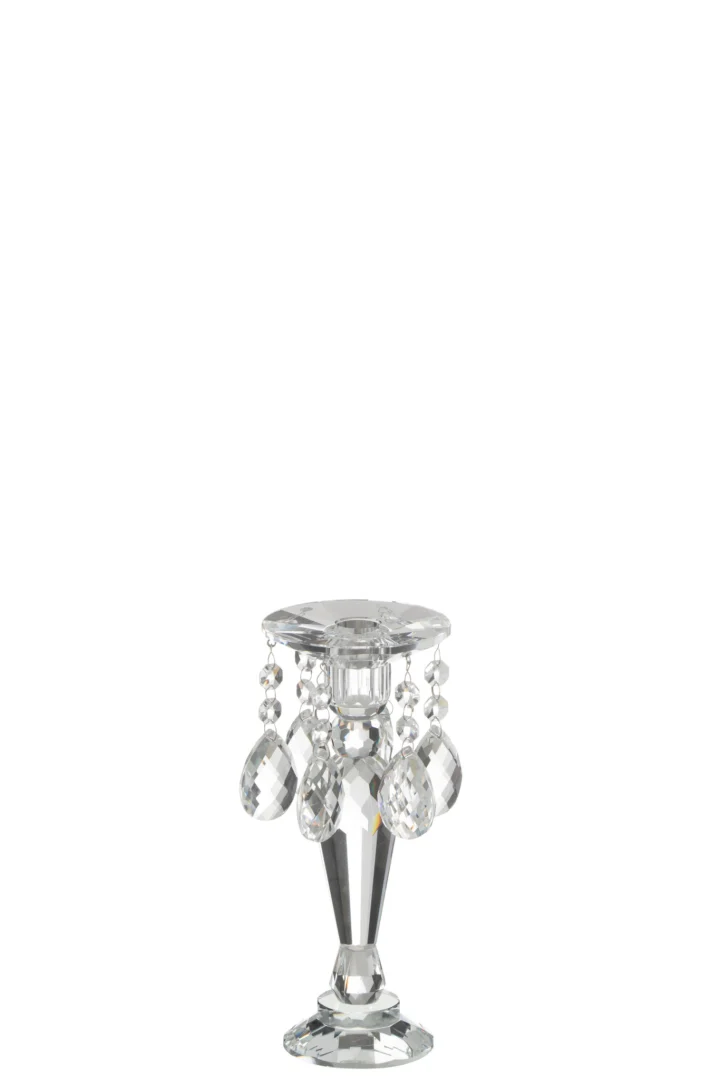 De Kaarsenhouder Louise Kristal Transparant Klein is een kaarsenhouder van helder kristal met een facetgeslepen basis en hangende druppelvormige kristallen ornamenten, afgebeeld tegen een witte achtergrond.