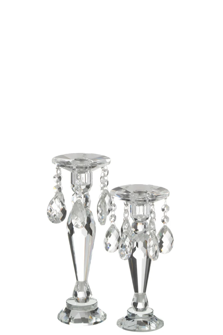 Kaarsenhouder Louise Kristal Transparant Groot: Twee kristallen houders met gefacetteerde bases en hangende druppelvormige ornamenten, gepresenteerd tegen een witte achtergrond.