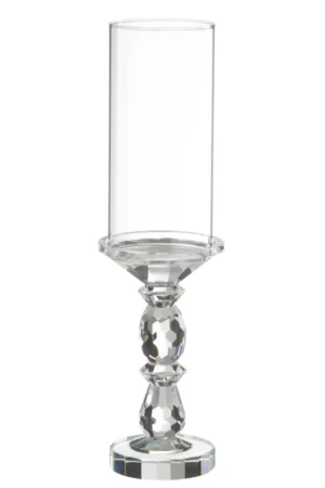 De Orkaan Marie Kristal Transparant Groot is een kandelaar van helder glas met een hoge cilindrische bovenkant, een gefacetteerde decoratieve steel en een ronde voet.