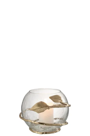 De Vaas Blad Kom Glas IJzer Transparant Goud is een ronde, helder glazen kandelaar met een goudmetalen voet en decoratieve gouden bladeren aan de buitenkant, die een witte kaars binnenin vasthoudt.