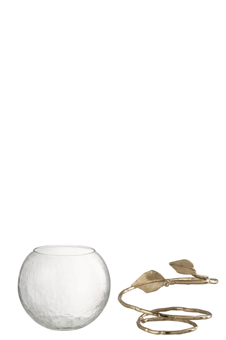 De Vaas Blad Kom bestaat uit een ronde transparante glazen vaas met textuur en een goudkleurige slangenstandaard versierd met bladaccenten, tegen een effen witte achtergrond.