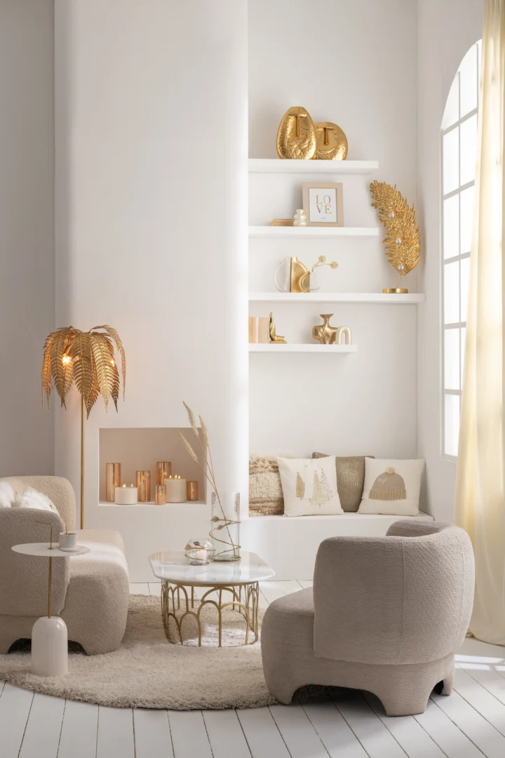 Een lichte, moderne woonkamer met crèmekleurige stoelen, een ronde salontafel Vaas Blad Kom Glas IJzer Transparant Goud met gouden accenten, witte planken, een gouden palmlamp, neutrale kussens en een groot boograam met transparante gordijnen.