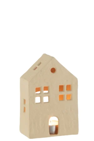 De Hut Agra Beige is een klein huis van beige keramiek met uitgesneden ramen en deur, van binnen verlicht door een waxinelichtje aan de onderkant.