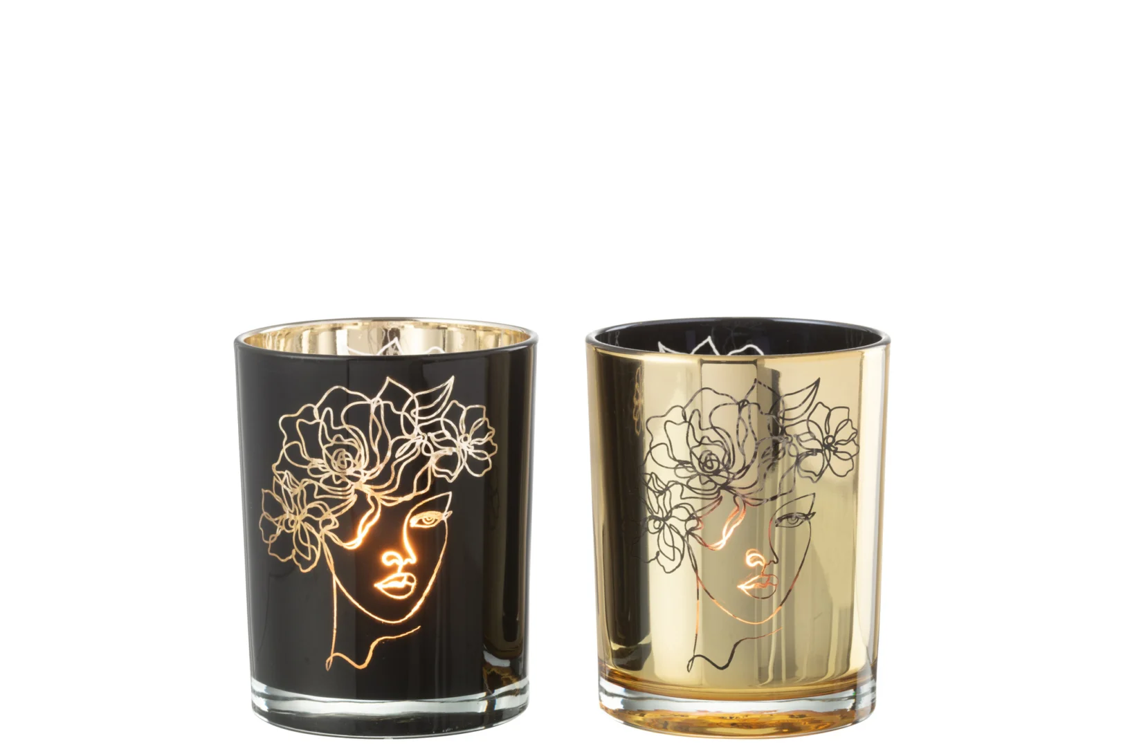 Set van twee Kaarsenhouder Orkaan Dame Bloemen glazen kandelaars - één zwart met goud omlijnd abstract vrouwengezicht en bloemmotief, en één goud met hetzelfde motief omlijnd in zwart. Middelgroot formaat.