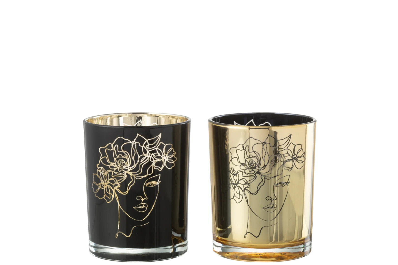 De Kaarsenhouder Orkaan Dame Bloemen Glas Zwart Goud Medium Set 2 bestaat uit twee glazen kandelaars, een zwarte en een gouden, met minimalistische bloemenlijnkunst van een vrouwengezicht. Ze staan naast elkaar op een witte achtergrond.