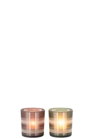 Theelichthouder Check Glas Mat Bruin Groen Klein Set van 2: twee glazen kandelaars met verticale en horizontale strepen in matte bruingroene tinten, naast elkaar tegen een witte achtergrond.