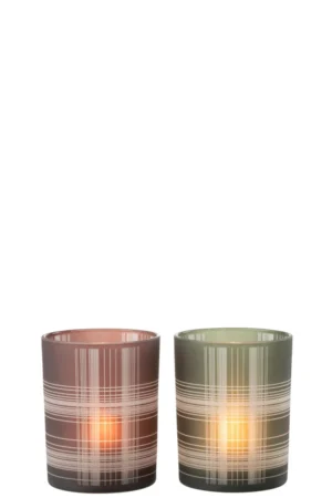 De Kaarsenhouder Orkaan Controle Glas Bruin Groen Set 2 heeft twee moderne glazen kandelaars, een bruine en een groene, elk omwikkeld met een stijlvol wit gestreept patroon.