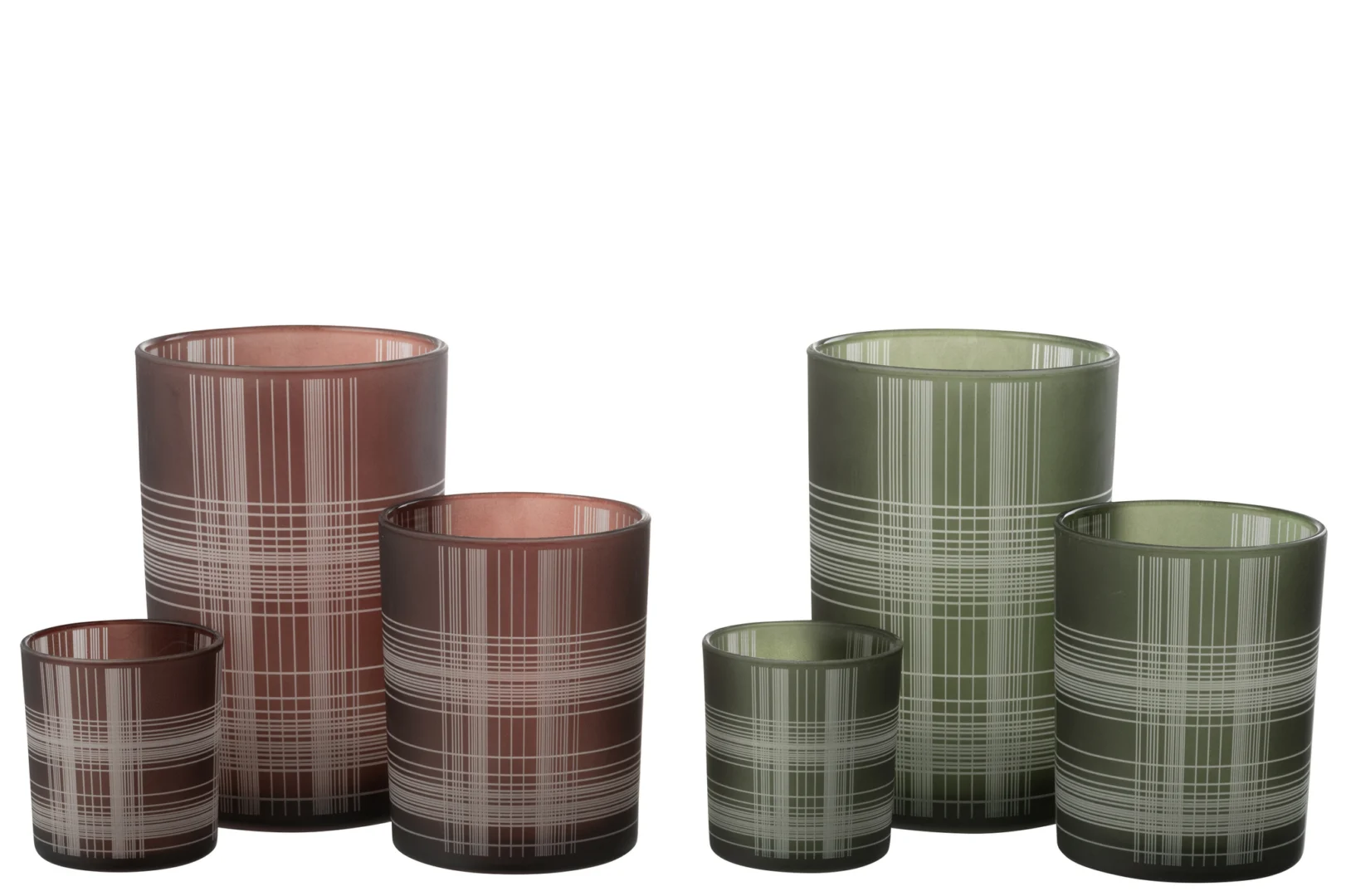 De Kaarsenhouder Orkaan Controle Glas Bruin Groen Groot Set 2 heeft zes cilindrische glazen houders in bruin en groen met witte kriskraspatronen, gerangschikt op grootte en kleur - drie bruine aan de linkerkant, drie groene aan de rechterkant.