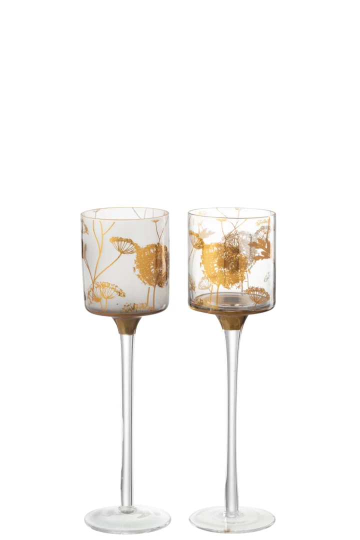 Twee kleine transparante glazen kandelaars met gouden accenten, op steeltjes, uit de "Theelichthouder Op Voet Glas Transparant Goud Klein Set 2," naast elkaar tegen een witte achtergrond.