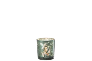 Theelichthouder Bladeren Glas Groen/Antiek Goud Klein: een groene glazen kandelaar met botanisch bladmotief en een metallic gouden binnenkant, afgebeeld met een gloeiende kaars erin tegen een witte achtergrond.