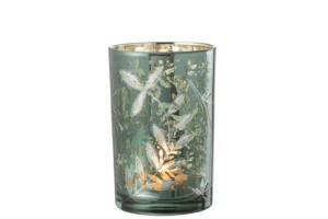 De Kaarsenhouder Orkaan Laat Glas Groen Goud is een decoratieve kaarsenhouder van groen glas met gouden accenten en ingewikkelde blad- en bloemmotieven, die je ruimte prachtig verlicht met een warme, zachte gloed.