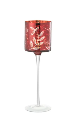 Theelichthouder Op Voet Bladeren Glas Rood/Antiek Goud Groot: een hoge, helderstelige glazen kandelaar met een dieprode kom prachtig geëtst met antieke bladgoudmotieven.
