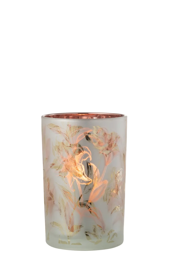 De Kaarsenhouder Orkaan Bloemen Glasmat Wit Rood Goud Groot is een matglazen kandelaar met goudkleurige bloemmotieven en een zacht rode en witte binnenkant, die een prachtige gloed creëert wanneer er een kaars in brandt.