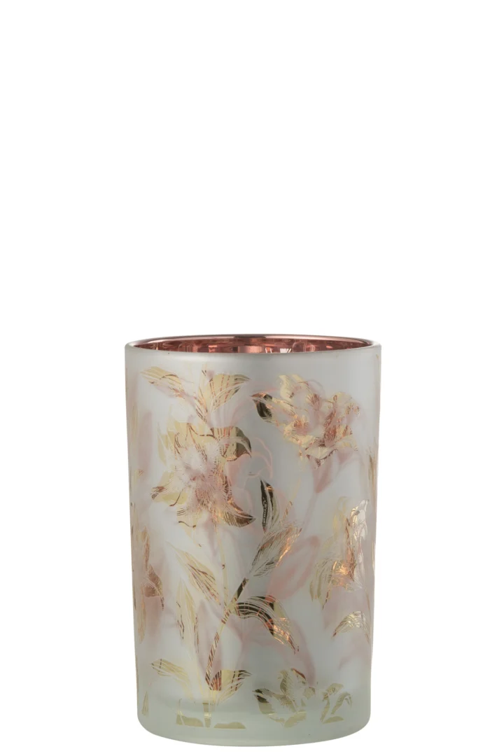 De Kaarsenhouder Orkaan Bloemen Glasmat Wit Rood Goud Groot is een grote matglazen kandelaar met een rood en gouden bloemendessin en een glanzende roségouden binnenkant.