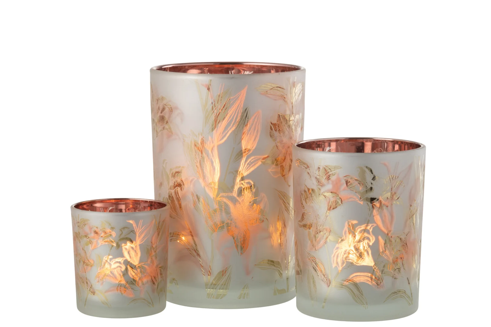 De Kaarsenhouder Orkaan Bloemen Glasmat Wit Rood Goud Groot is een grote matglazen kandelaar met gouden bloemmotieven en een warme innerlijke gloed.