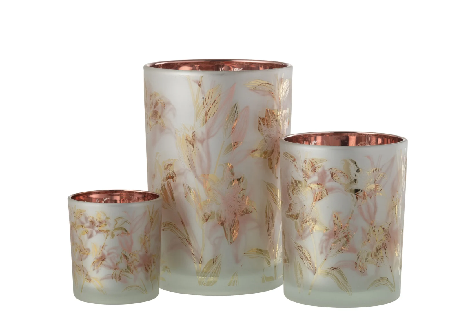 De Kaarsenhouder Orkaan Bloemen Glasmat Wit Rood Goud Groot is een grote glazen kandelaar met gouden bloemdecoratie op mat wit glas en een glanzende roségouden binnenkant voor een elegante, decoratieve look.