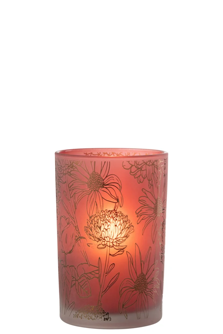 De Kaarsenhouder Orkaan Bloemen Glas Rood Goud Groot is een kandelaar van rood mat glas met gouden bloemmotieven, die een warme gloed uitstralen die de ingewikkelde bloemmotieven prachtig accentueert.