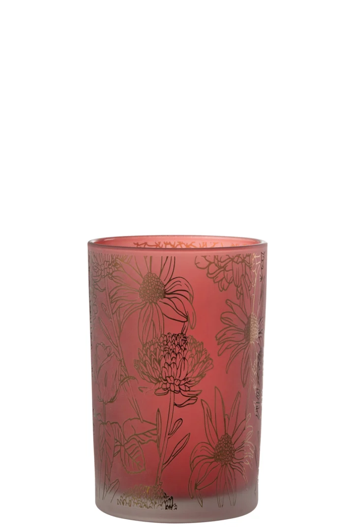 De Kaarsenhouder Orkaan Bloemen Glas Rood Goud Groot is een grote cilindervormige glazen kandelaar in rood met gouden bloemmotieven, met een gladde afwerking en elegante bloemen en bladeren op het oppervlak.
