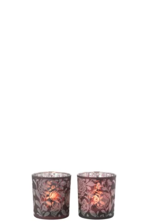 Set van 2 Theelichthouders Bloemen Glas Mat Paars Zilver Klein-elke glazen kandelaar met bloemmotief bevat een brandende kaars, naast elkaar geplaatst op een witte achtergrond.