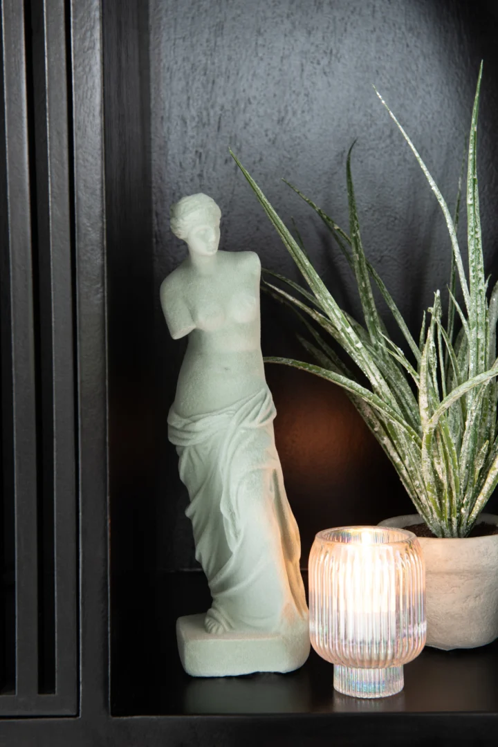Een klein Venus de Milo-beeldje staat naast een groene stekelige plant in pot en de brandende Kaarsenhouder Rib Glas Parel Transparant op een zwarte plank.