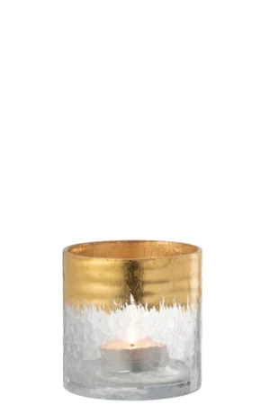 De Kaarsenhouder Orkaan Crackle Glas Transparant Goud Medium is een kleine glazen theelichthouder met een helder gestructureerd oppervlak en een metallic gouden binnenkant, afgebeeld verlicht tegen een effen witte achtergrond.