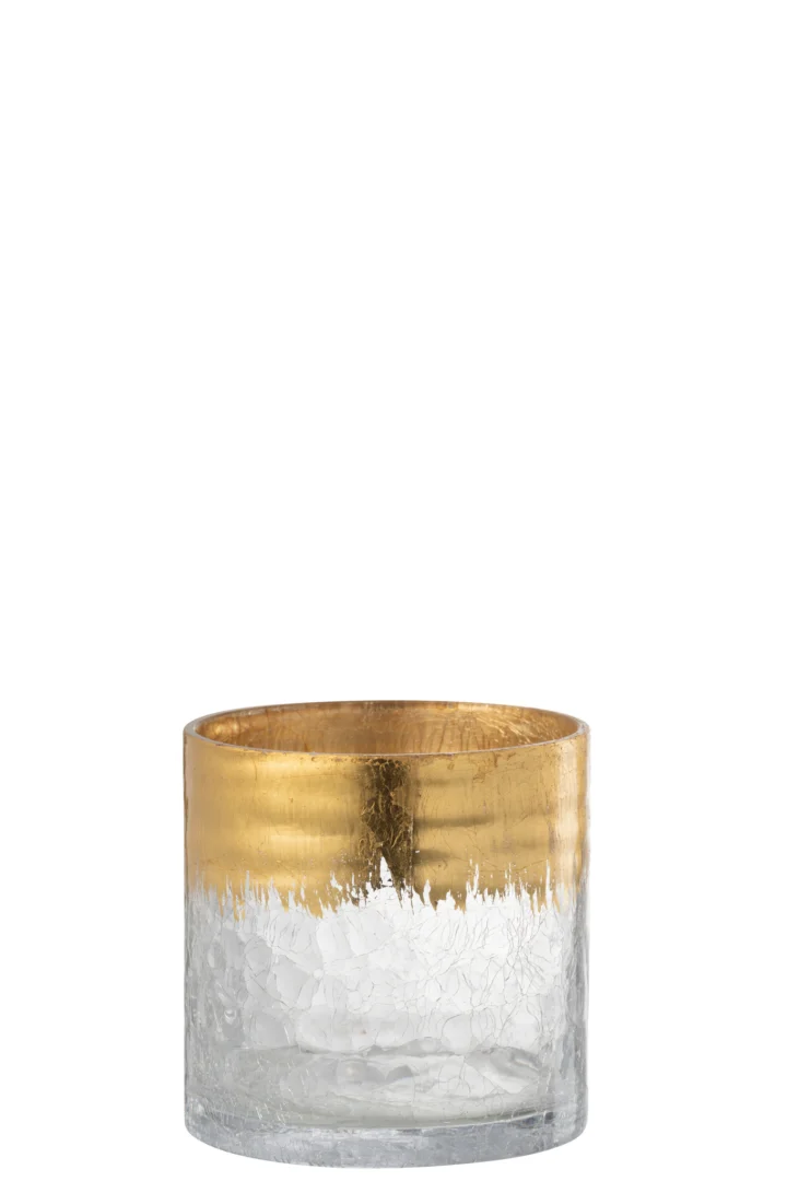 De Kaarsenhouder Orkaan Crackle Glas Transparant Goud Medium heeft helder craqueléglas met een gestructureerd oppervlak en een metallic gouden band die overgaat in de transparante onderste helft.