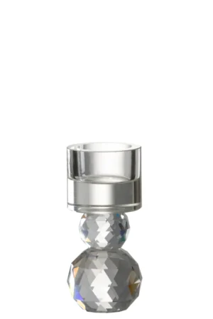 De Kaarsenhouder Kristalglas Transparant is een facetgeslepen glazen kaarsenhouder met een edelsteenachtige ronde basis en cilindrische bovenkant, ideaal voor kleine kaarsen, afgebeeld tegen een witte achtergrond.