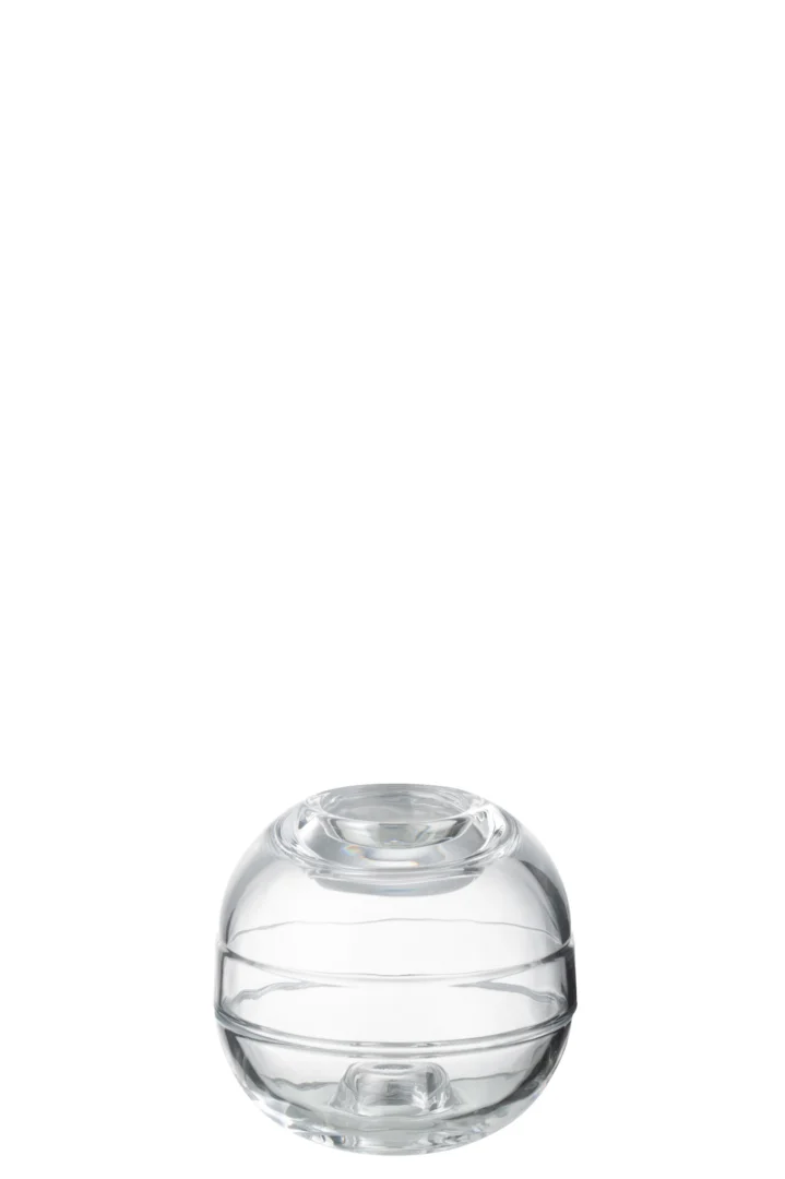 De Kaarsenhouder Glas Transparant Pot is een heldere, ronde glazen kandelaar met een minimalistisch ontwerp en een licht afgeplatte boven- en onderkant, afgebeeld tegen een witte achtergrond.