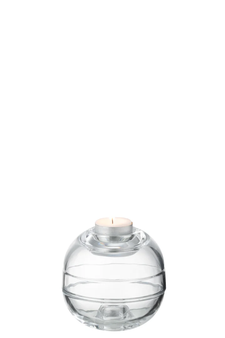 De Kaarsenhouder Glas Transparant Pot is een ronde kaarsenhouder van helder glas met bovenop een kleine witte waxinelichthouder tegen een effen witte achtergrond.