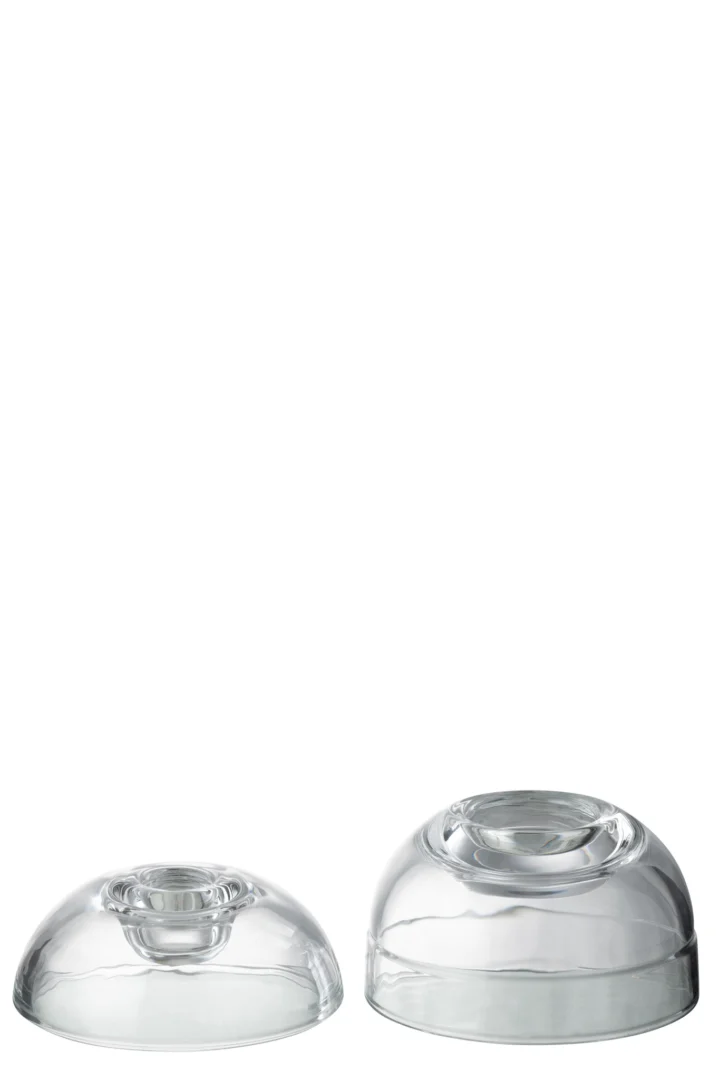 Twee Kaarsenhouder Glas Transparant Pot kandelaars van verschillende grootte, beide met ronde koepelvorm, staan naast elkaar op een witte achtergrond.