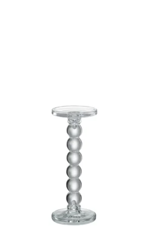 De Kaarsenhouder Druppels Glas Transparant Groot is een helder glazen voetstuk met een ronde platte bovenkant en een steel van gestapelde glazen bollen tegen een witte achtergrond.