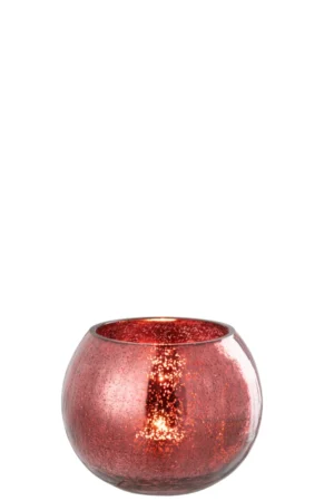 Theelichthouder Bal Craquelure Glas Roze Medium: een ronde, heldere glazen kandelaar met een roze metallic craquelure afwerking en een gestructureerd, gespikkeld oppervlak dat het licht van binnenuit prachtig reflecteert.