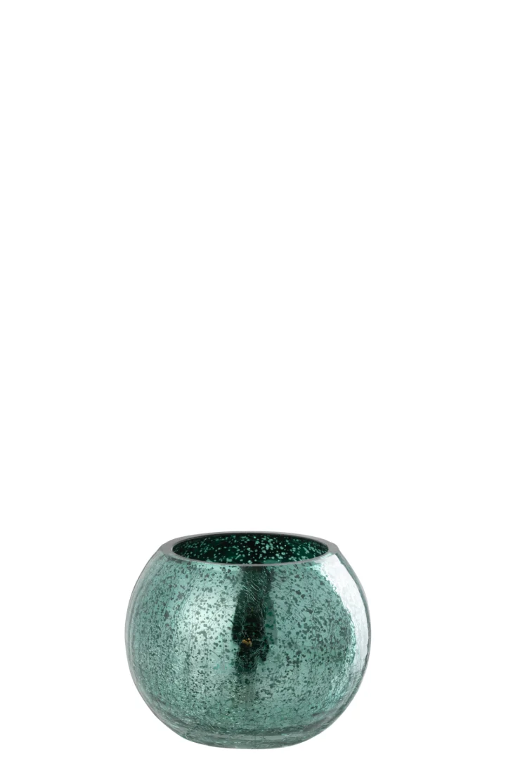 Theelichthouder Bal Craquelure Glas Watergroen Klein-kleine ronde glazen theelichthouder met een gespikkeld, gestructureerd groenblauw oppervlak tegen een effen witte achtergrond.