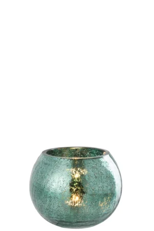Theelichthouder Bal Craquelure Glas Watergroen Medium: een ronde, watergroene glazen kandelaar met een gespikkelde metallic afwerking die het licht prachtig reflecteert. Afgebeeld tegen een effen witte achtergrond.