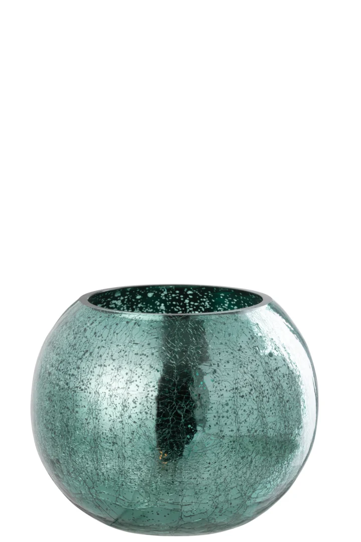 Theelichthouder Bal Craquelure Glas Watergroen Groot is een ronde, transparant groene glazen vaas met een gebarsten textuur, afgebeeld tegen een witte achtergrond.