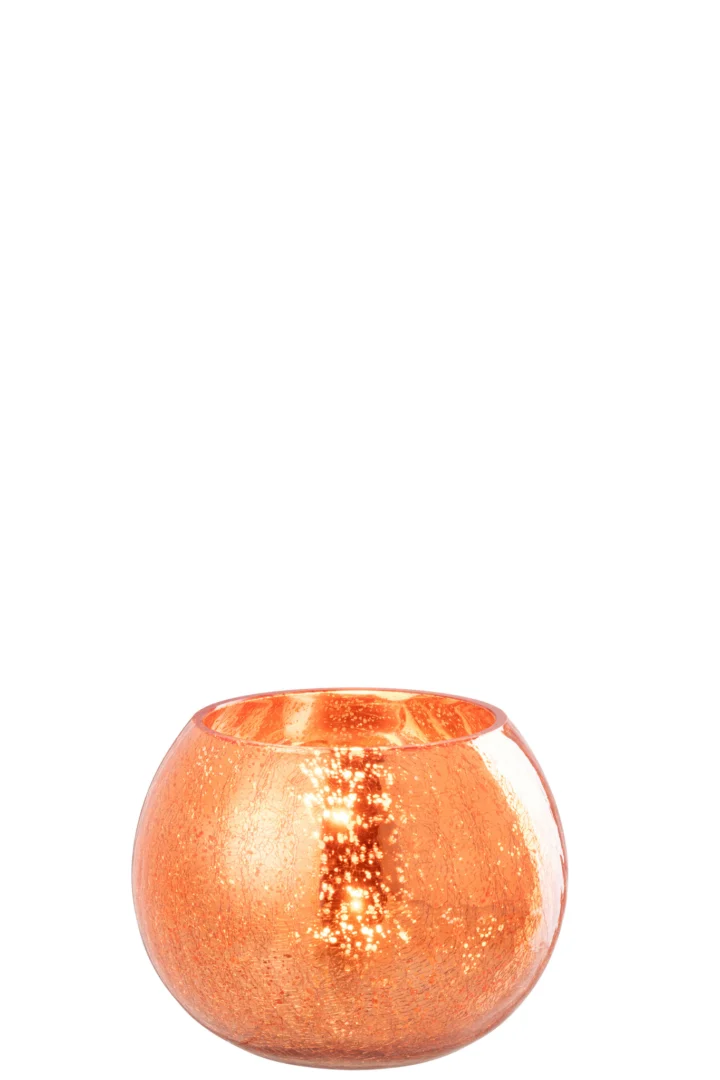 Theelichthouder Bal Craquelure Glas Oranje Groot: een ronde, metallic oranje glazen kandelaar met een gestructureerde, gespikkelde afwerking, tegen een effen witte achtergrond.