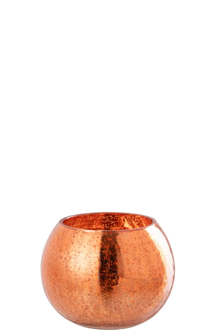 Theelichthouder Bal Craquelure Glas Oranje Groot: een grote, ronde kandelaar van oranje glas met een gestructureerde craquelure afwerking en brede opening, afgebeeld tegen een effen witte achtergrond.