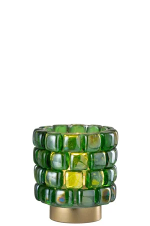 Theelichthouder Vierkant Mozaïekglas Groen Klein: een kleine, ronde, groene glazen kandelaar met vier gestapelde structuurlagen, een gouden basis, glanzende reflecterende afwerking en vierkante mozaïekpatronen.